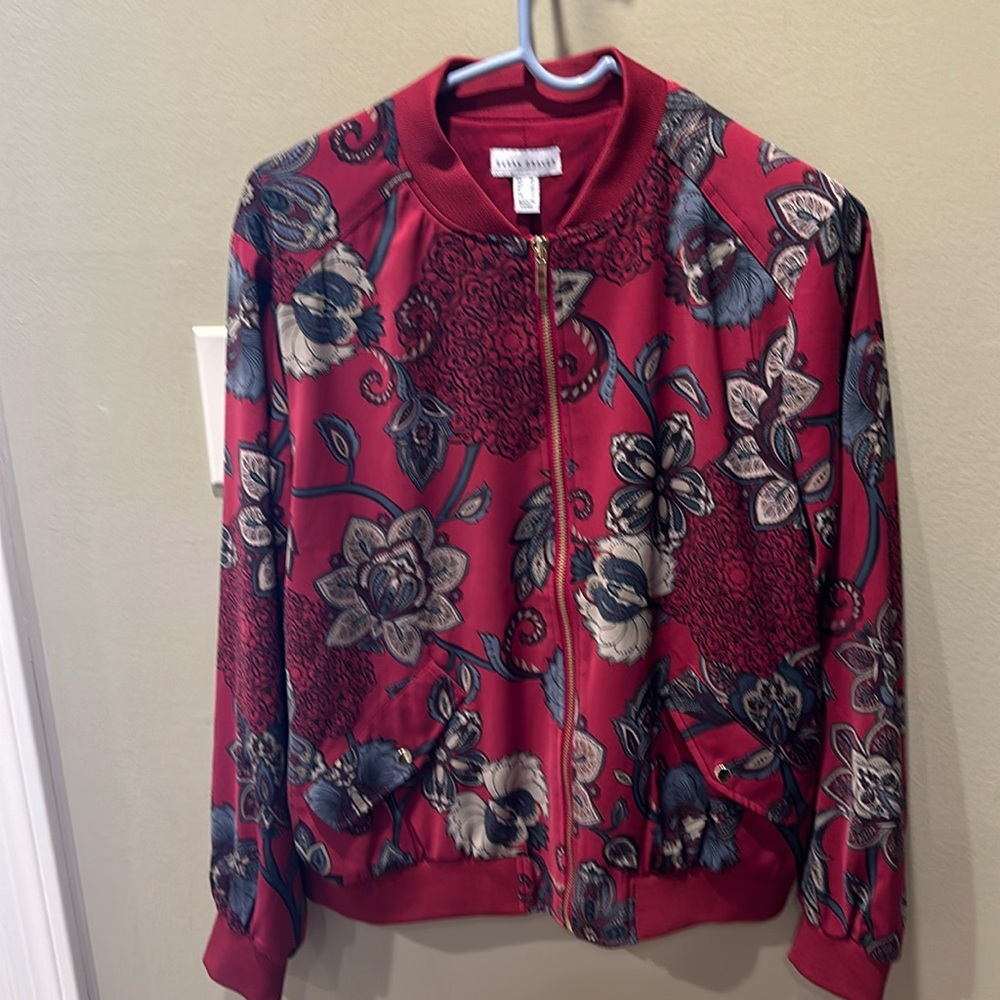 Like New! Susan Graver Burgundy Paisley Satin/Silk Bomber Jacket Gold Zi…